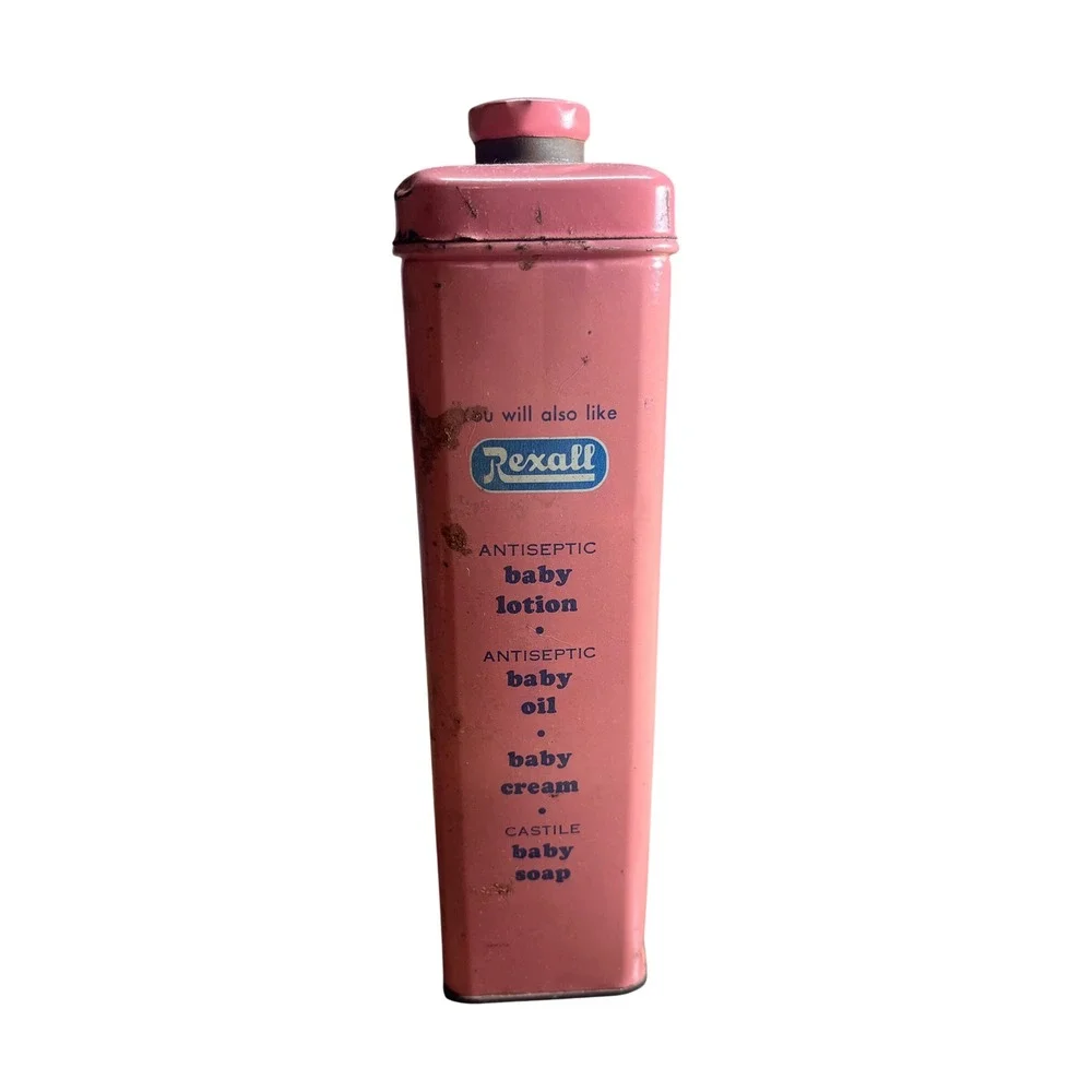 Vintage Rexall Baby Talc Tin Pink 16 oz Metal Shaker Canister Apothecary Prop
